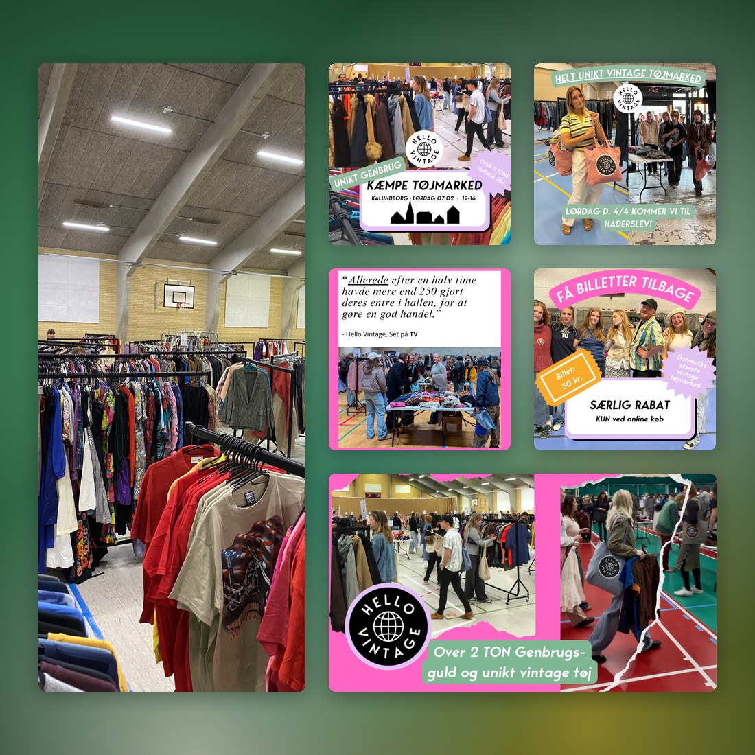 En collage af de Hello Vintage-annoncer, der kørte, sammen med billeder fra selve markederne.