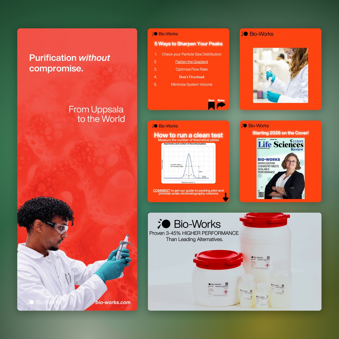 En collage af Bio-Works-opslag på LinkedIn: guides til skarpere peaks og til at køre en ren test, laboratoriefoto, en magasinforside og produktsortimentet.